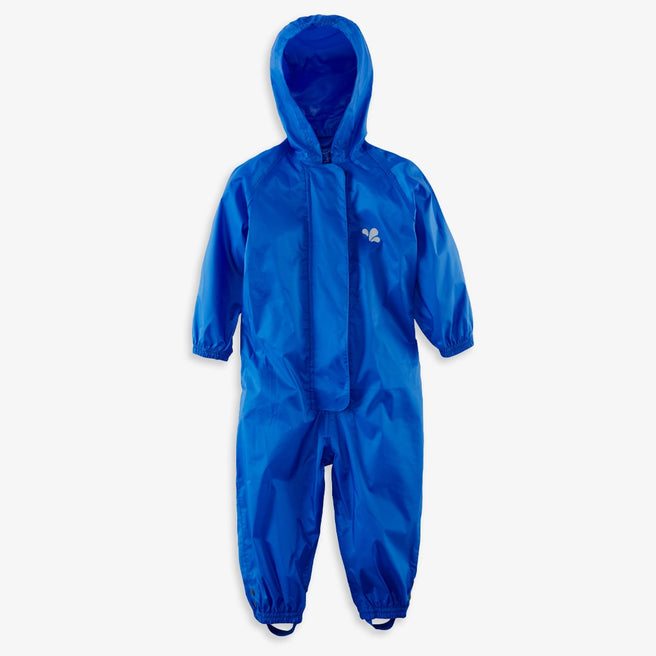 Blue Originals Waterproof Puddle Suit, a full-body waterproof garment with a hood, designed to protect children from wet weather.